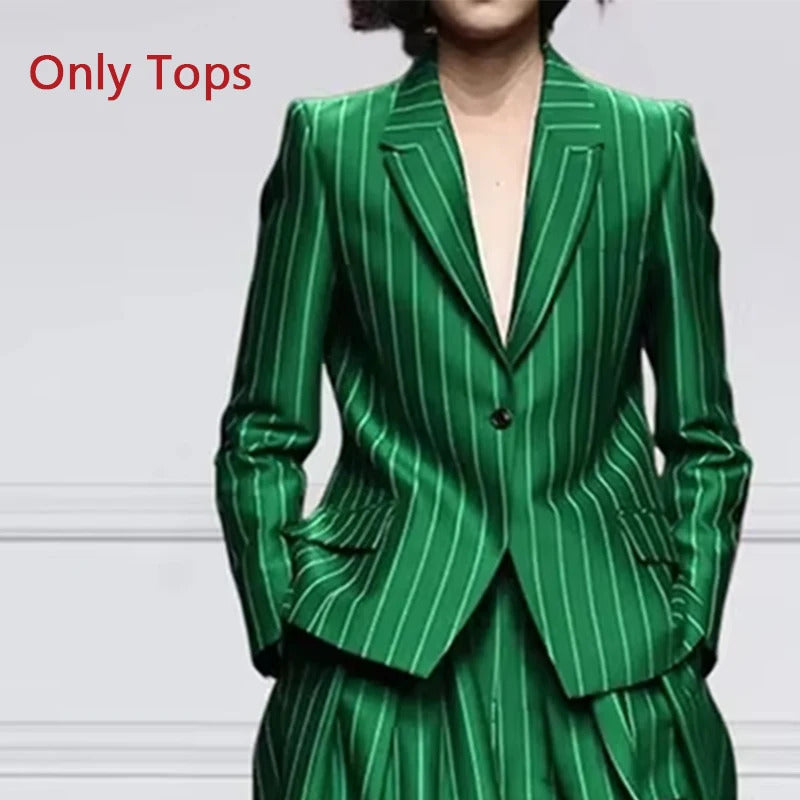 Beautyblue Blazer Set Women Notched Collar Outerwear Striped Trousers New Vintage Loose Wide Leg Long Sleeves Suit Costume Femme