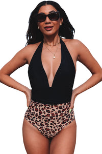 Plunge V Neck Colorblock Leopard Bottoms One-piece Swimsuit