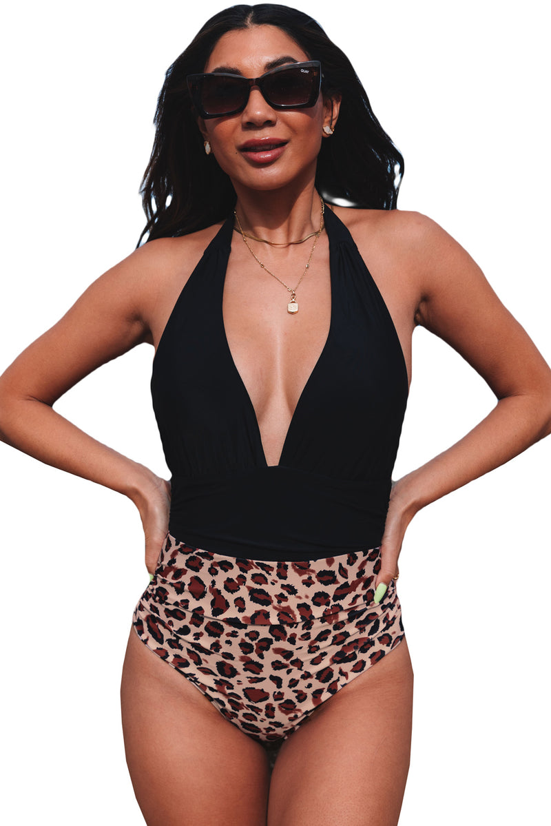 Plunge V Neck Colorblock Leopard Bottoms One-piece Swimsuit