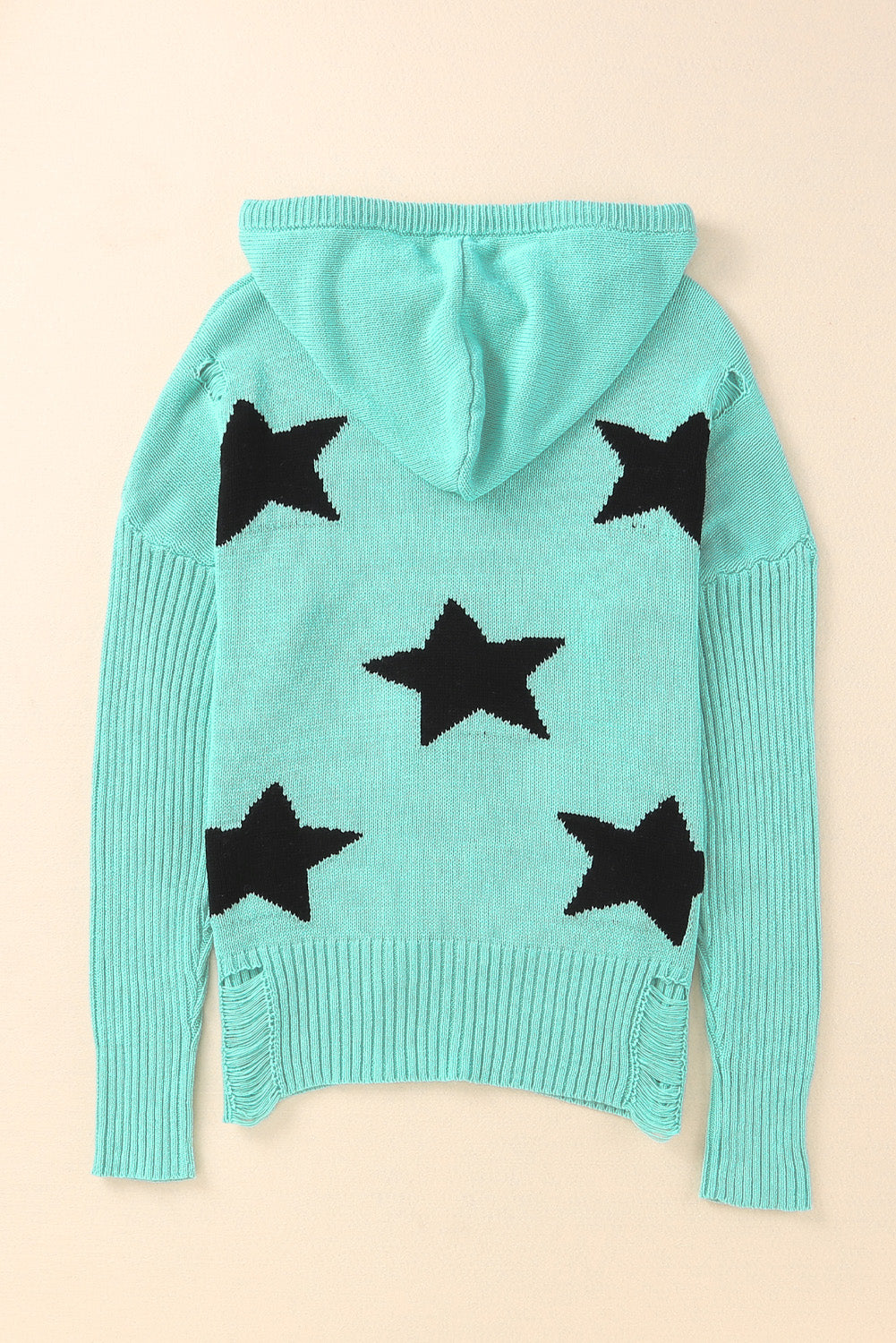 Green V Neck Star Pattern Hooded Sweater with Slits