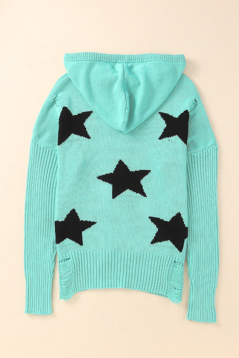 Green V Neck Star Pattern Hooded Sweater with Slits