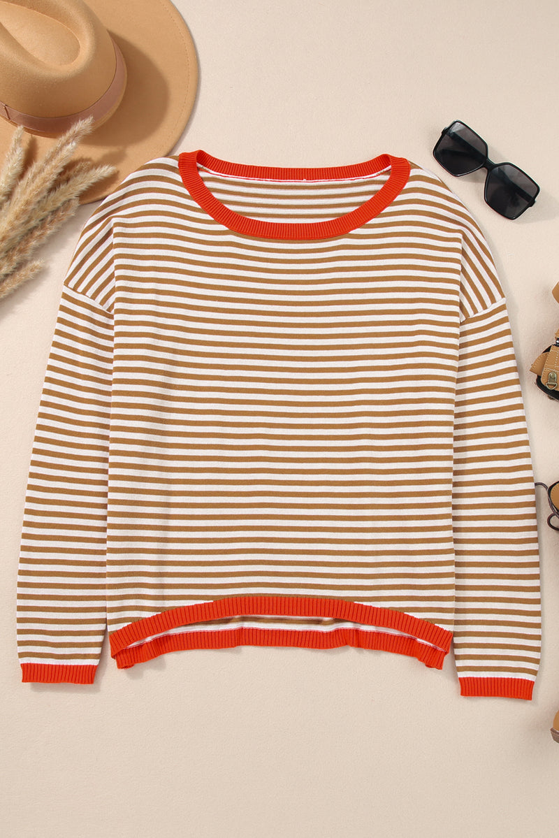 Gray Contrast Trimmed Striped Drop Shoulder Sweater