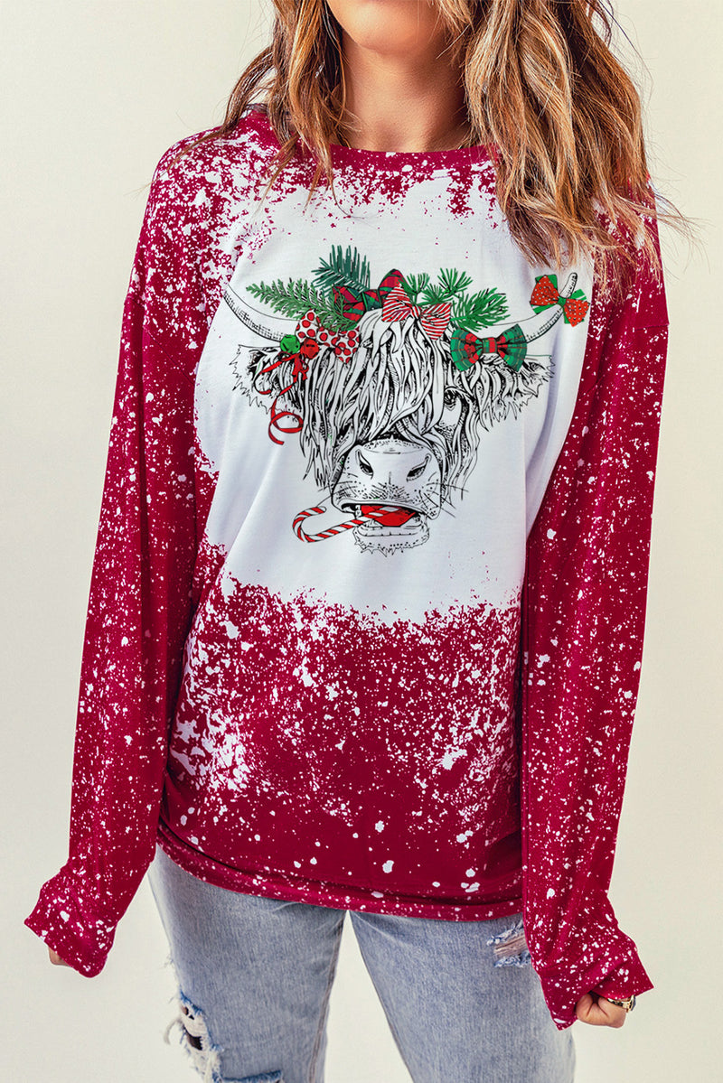 Fiery Red Christmas Cow Bleach Print Long Sleeve Sweatshirt