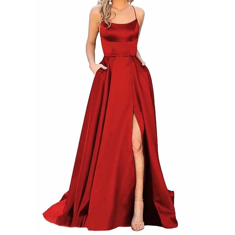 Solid Fit And Flare Women Prom Dresses Ladies Long Lady Elegant Backless Long Dresses Side Slit Wedding Evening Party Dress