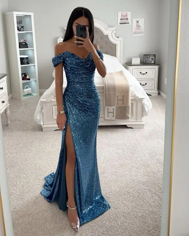 Chic and Elegant Women Evening Maxi Dresses 2024 Off-Shoulder Sequin Mermaid Prom Formal Gowns For Party Split Night Dress