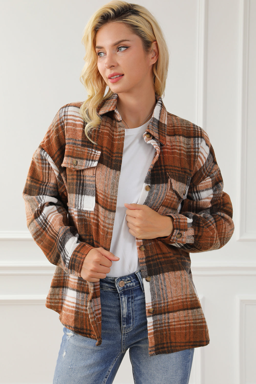 Medium Grey Plaid Flap Pockets Shacket