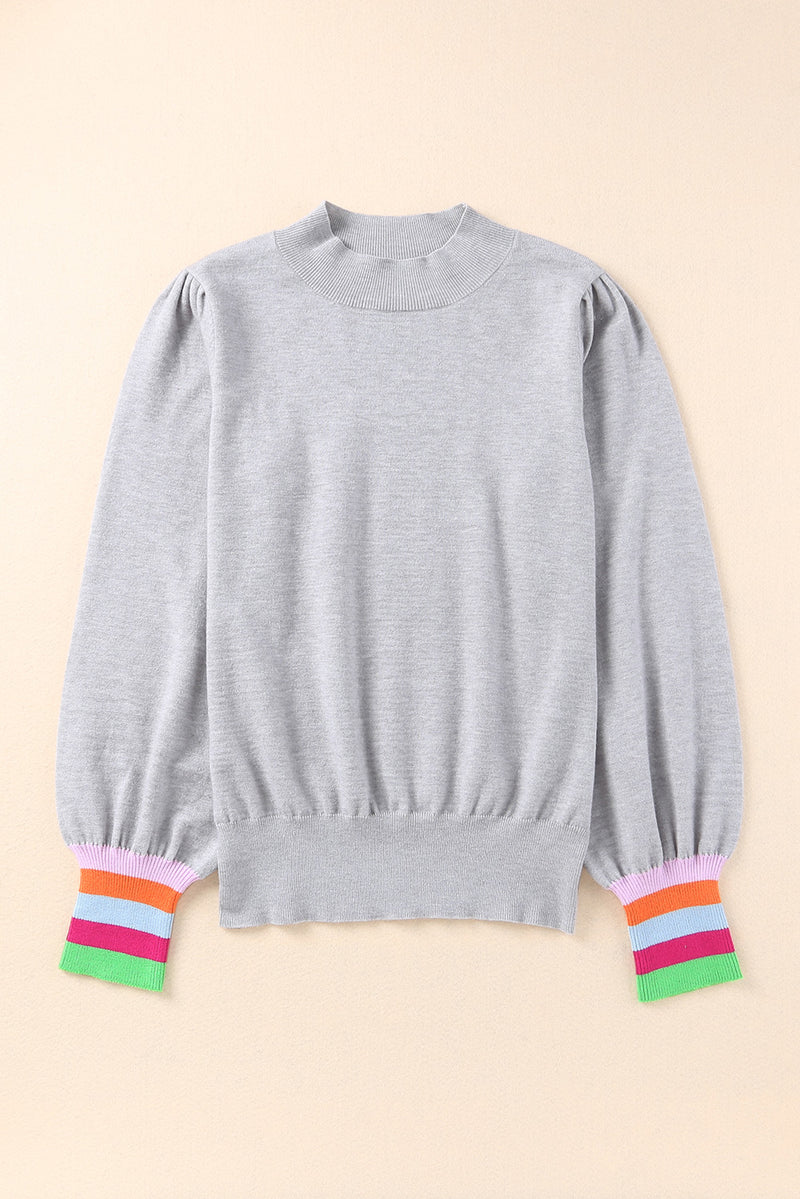 Gray Crew Neck Colorful Striped Cuffs Puff Sleeves Sweater