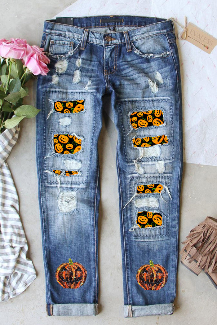 Sky Blue Halloween Pumpkin Patchwork Distressed Straight Leg Jeans