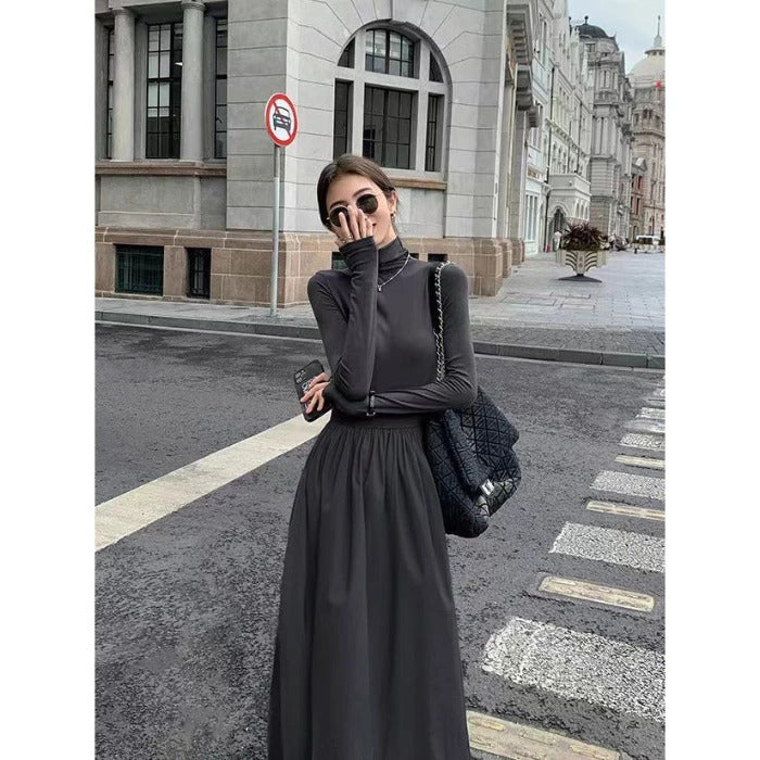 With Coat Knitted Fishtail Dress Women Autumn and Winter Long Hepburn Sle Black Dress Slim fit Inner wear Bottoming Sweater...