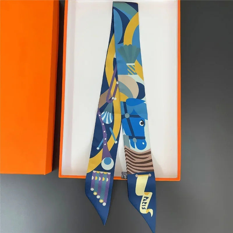 Luxury Design Horse Print Skinny Silk Ribbon Scarf Women5x85cm Hairband Soft Satin Female Foulard Floral Headband Bag Neck Ties