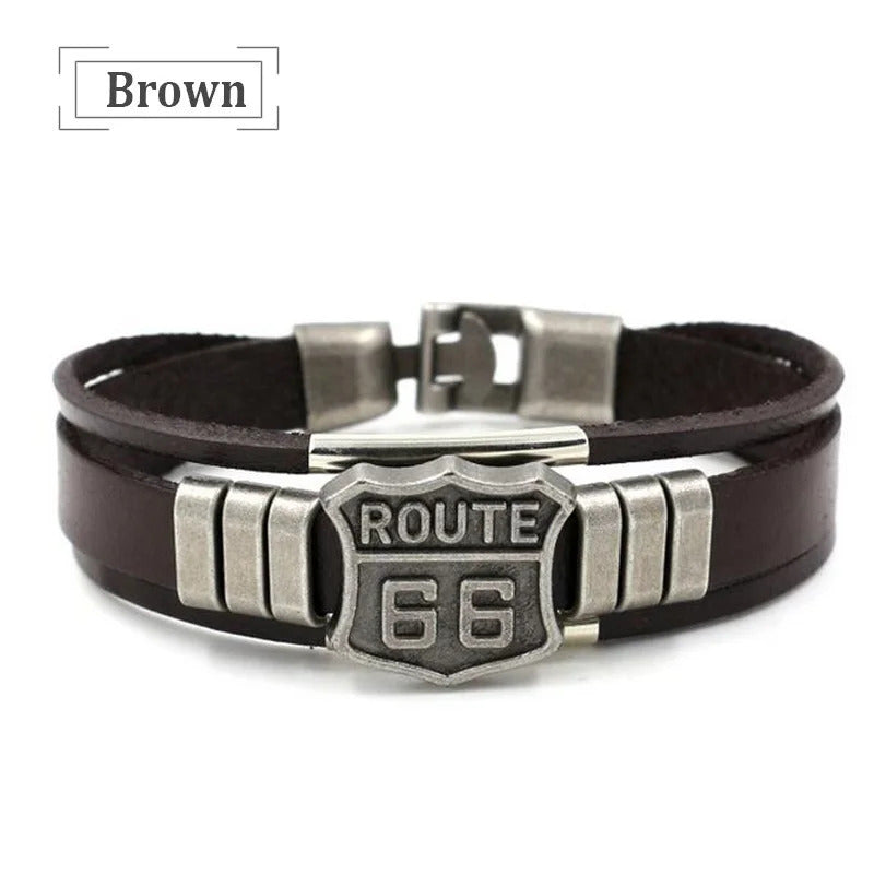 New Trendy American Route 66 Printed Pattern Bracelet Men's Bracelet Metal Multilayer Leather Bracelet Accessories Party Jewelry