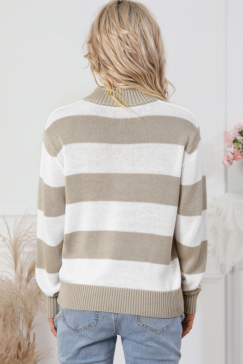 Stripe Zipped Collar Ribbed Edge Sweater