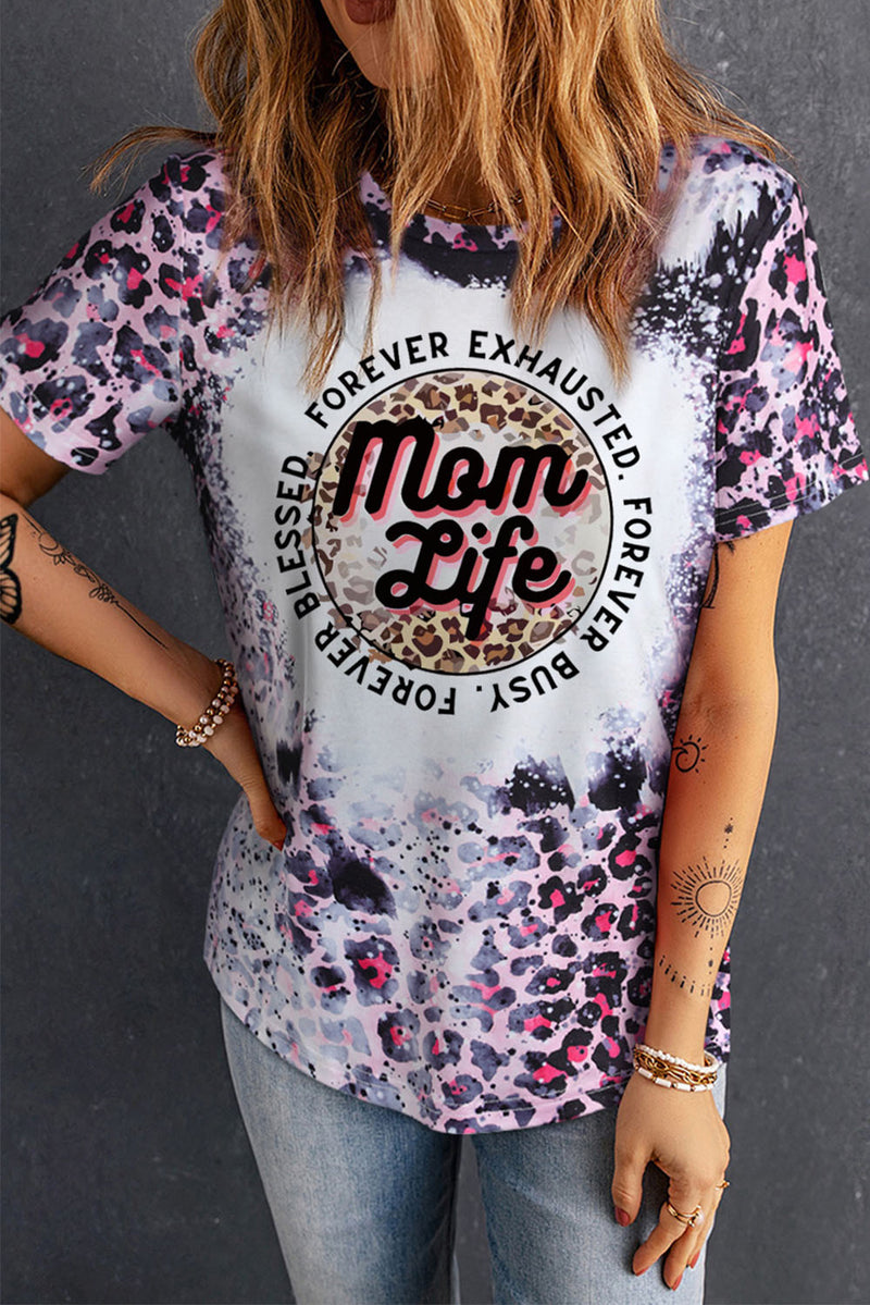 Pink Mom Life Slogan Leopard Bleached Graphic Tee