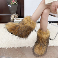 New Winter Fur Onepiece Raccoon Fur Female Snow Boots Fur Shoes Outdoor Mid Leg Boots