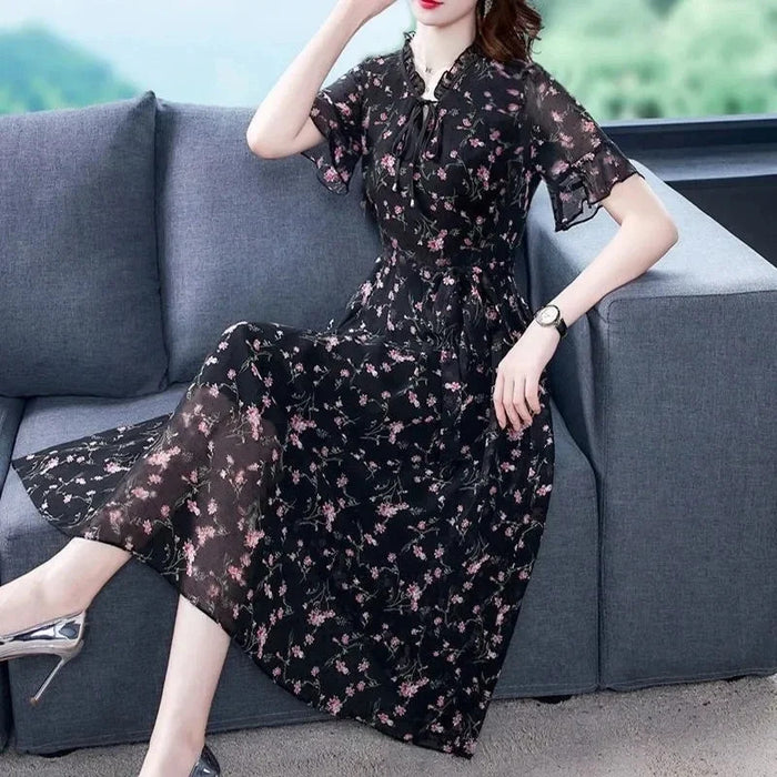 Oversized 6xl Floral Chiffon Dress Summer Women New Boho Robe Elegant Short/Long Sleeve Vestidos Korean Ruffle Neck Midi Dresses