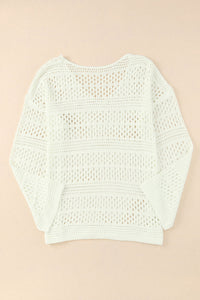 White Hollow Out Crochet V Neck Pullover Sweater