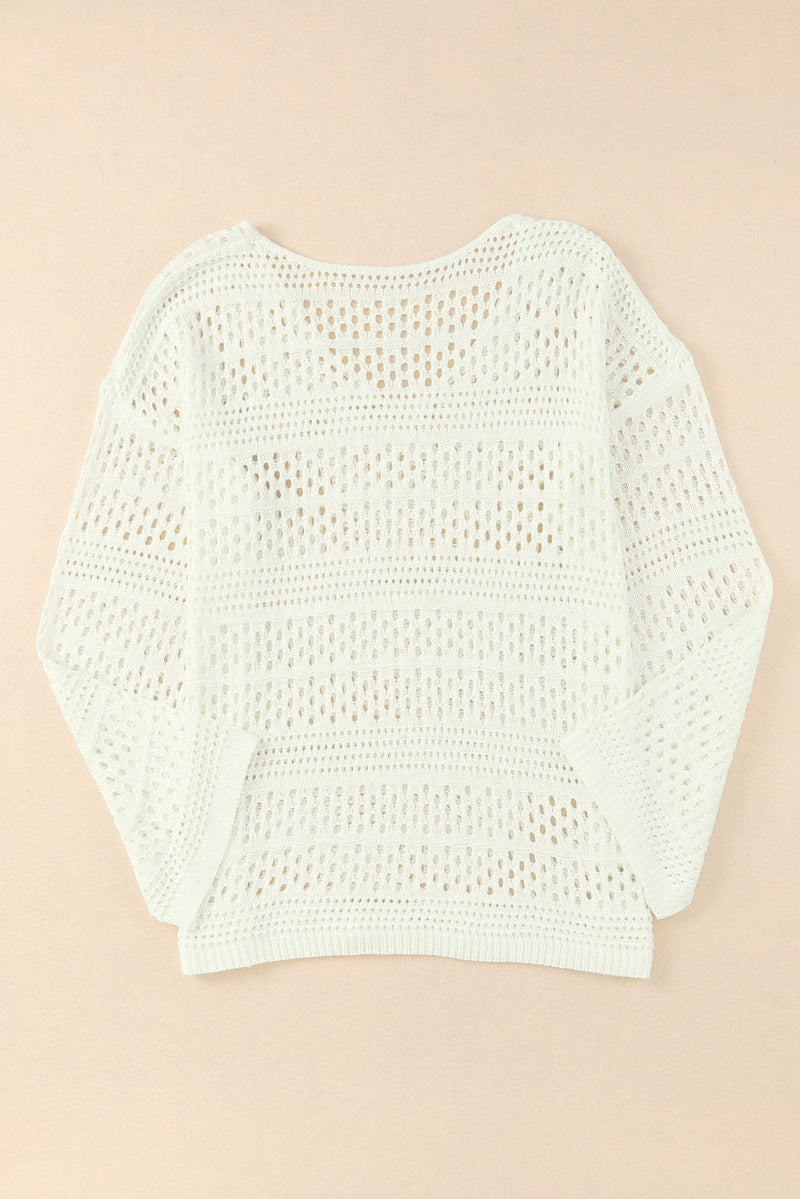 White Hollow Out Crochet V Neck Pullover Sweater