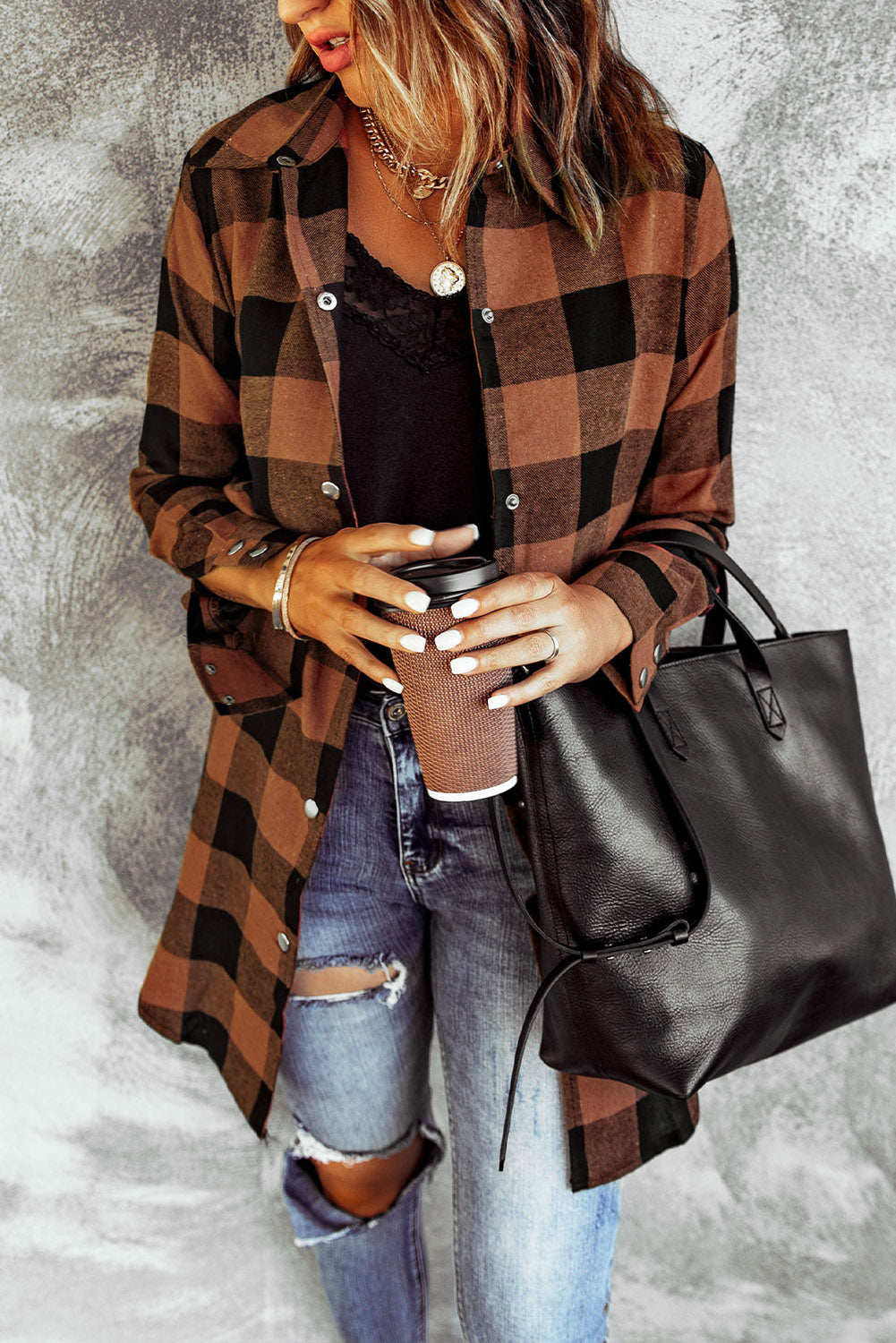 Blue Turn-down Collar Plaid Shirt Jacket