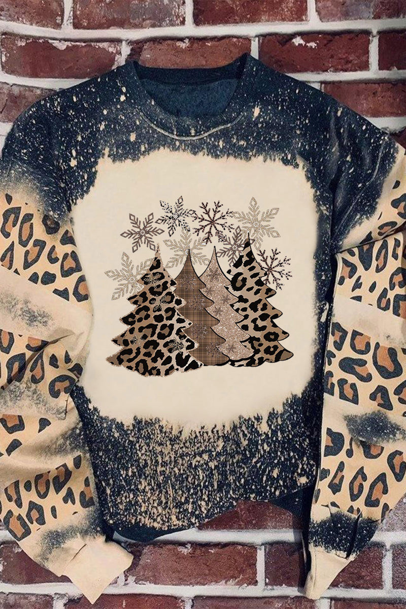 Black Christmas Tree Leopard Color Block Pullover Sweatshirt