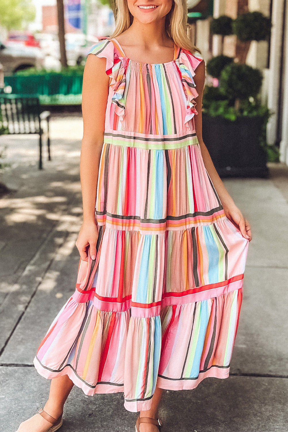 Women's Rainbow Stripe Ruffles Ruched Tiered Dress