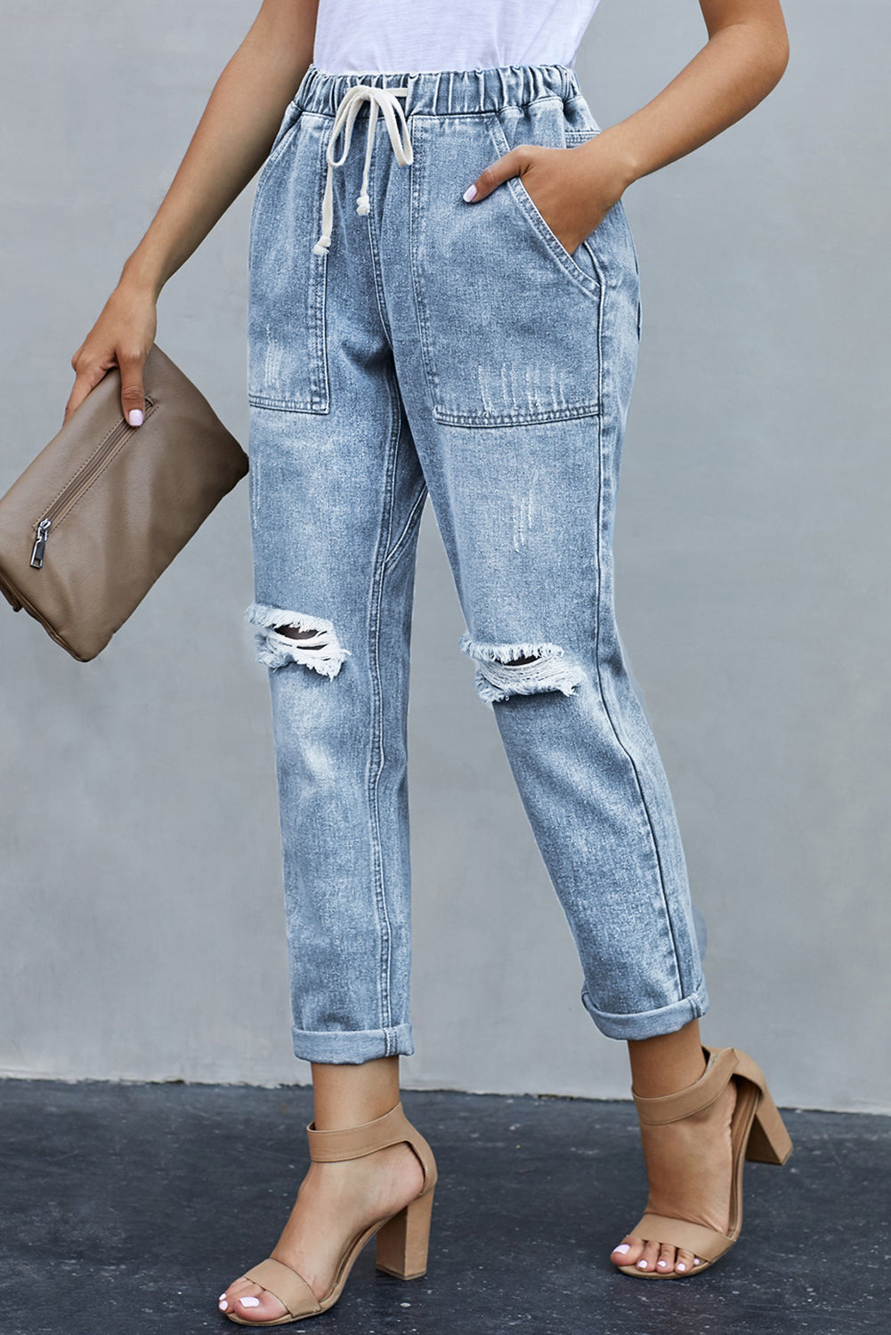 Sky Blue Gather Round Distressed Pocketed Denim Jogger