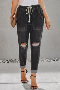 Black Gather Round Distressed Pocketed Denim Jogger