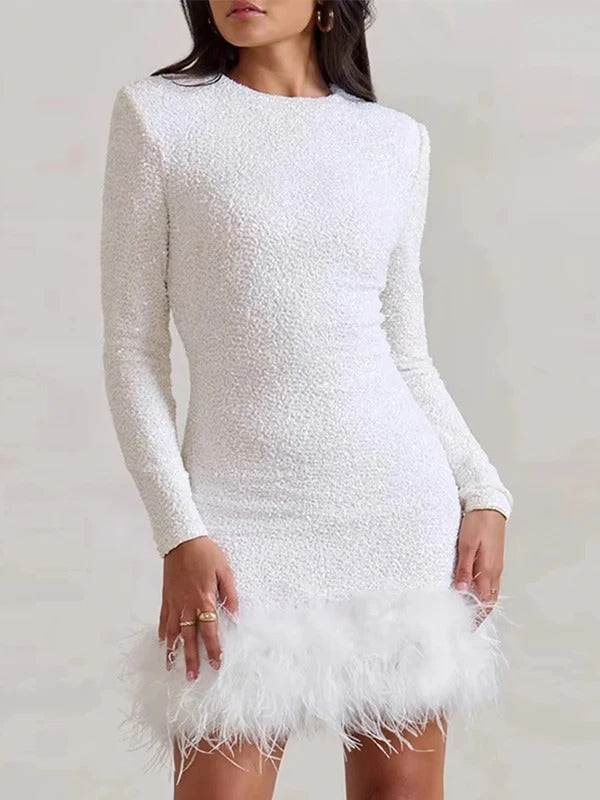 Elegant Sequins Feather Patchwork Dress Christmas Slim O-neck Long Sleeve Short Party Dresses 2024 Lady Shiny High Waist Robes