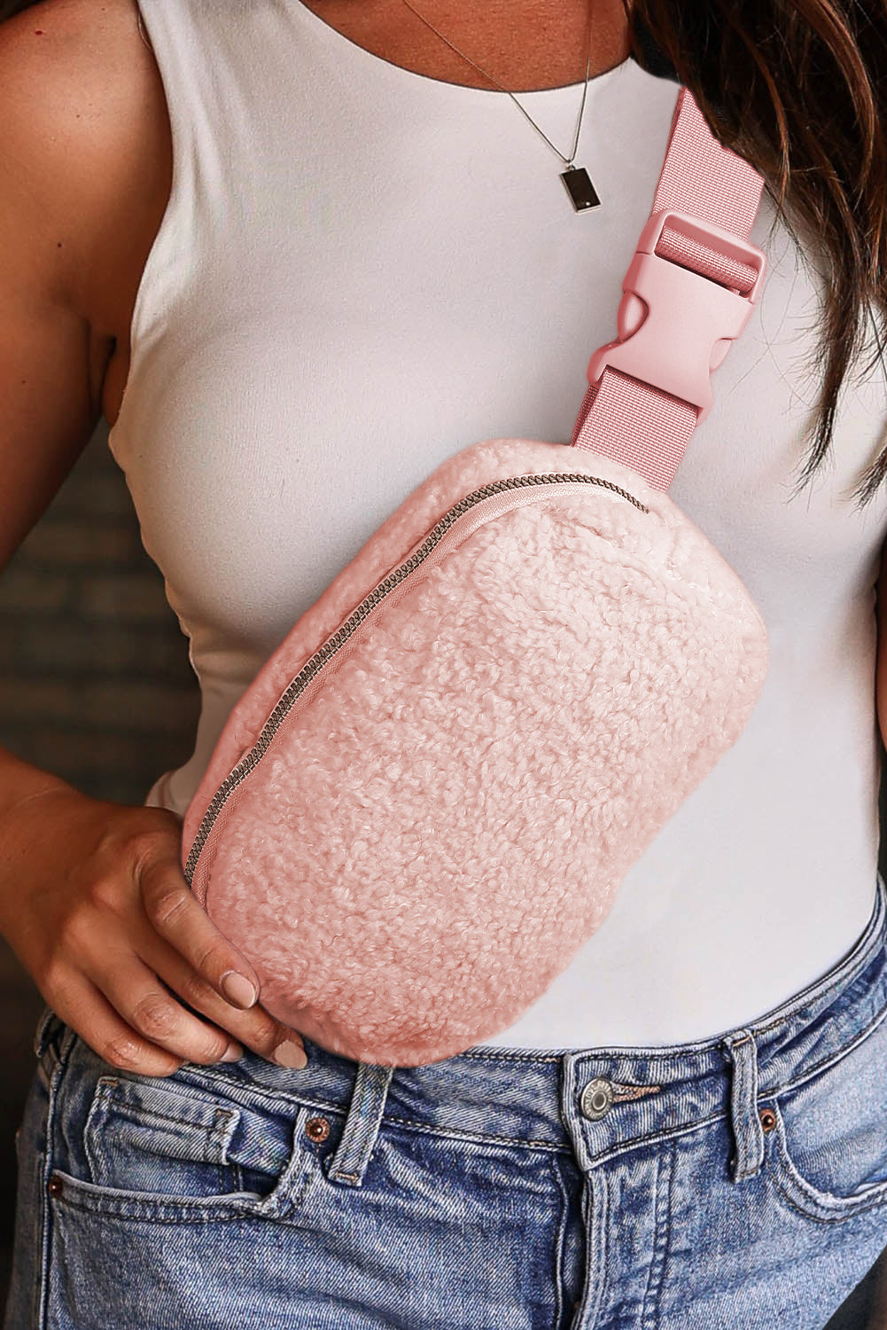 Pink Sherpa Adjustable Strap Crossbody Bag