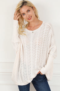 Beige Ribbed Hollow Knit Dolman Sleeve Sweater