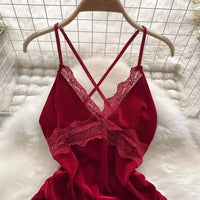 Hot Sexy V-Neck Cross Strap Dress Lace Patchwork Irregular Pleated Nightwear Women's Erotic Lingerie Backless Sleeveless Pajamas