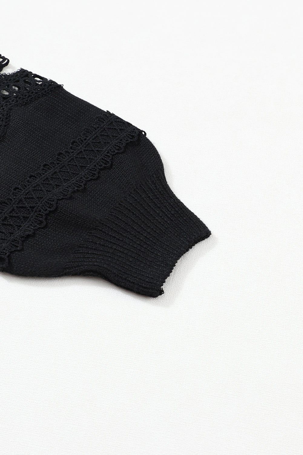 Black Hollowed Lace Splicing V Neck Loose Sweater