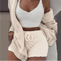 Fluffy Pajamas Set for Women Casual Sleepwear Tank Top and Shorts Plus Size Hoodie Leisure Homsuit Winter 3 Pieces Pijamas