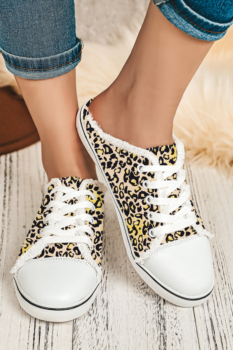 Chestnut Leopard Print Lace Up Decor Canvas Slip On Shoes