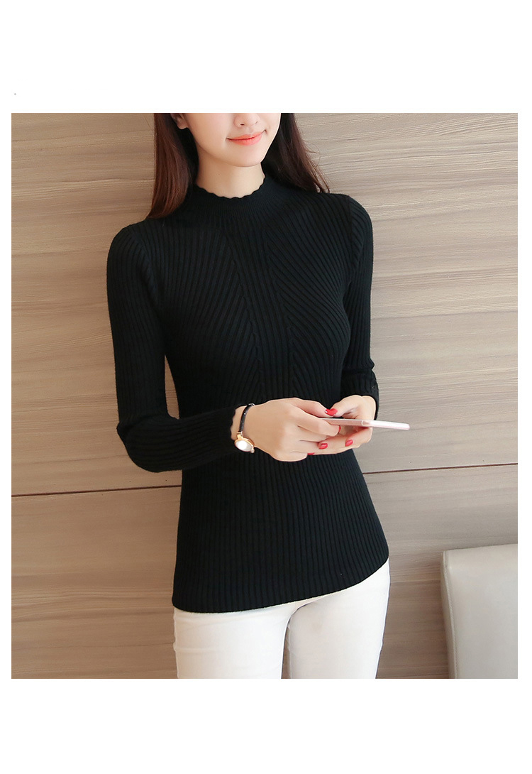 EVNISI Autumn Women Mock Neck Ruffles Sweater Long Sleeve Knitted Bottoming Solid Pullovers Stripe Women Casual Sweater Winter