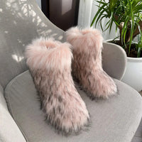 New Winter Fur Onepiece Raccoon Fur Female Snow Boots Fur Shoes Outdoor Mid Leg Boots