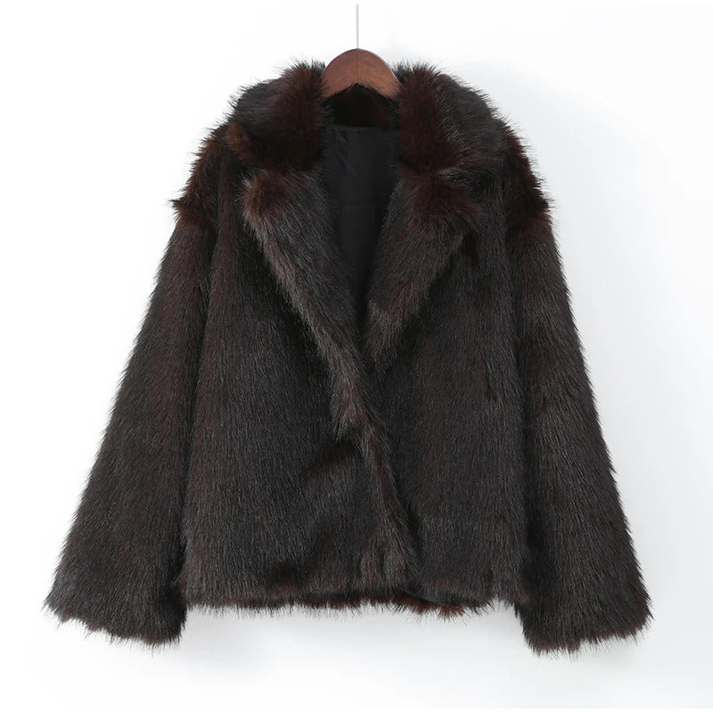 Women Fashion Dark Brown Faux Fur Lapel Jacket Loose Long Sleeve Buttons Cropped Street Coat 2024 New Winter Female Outerwear