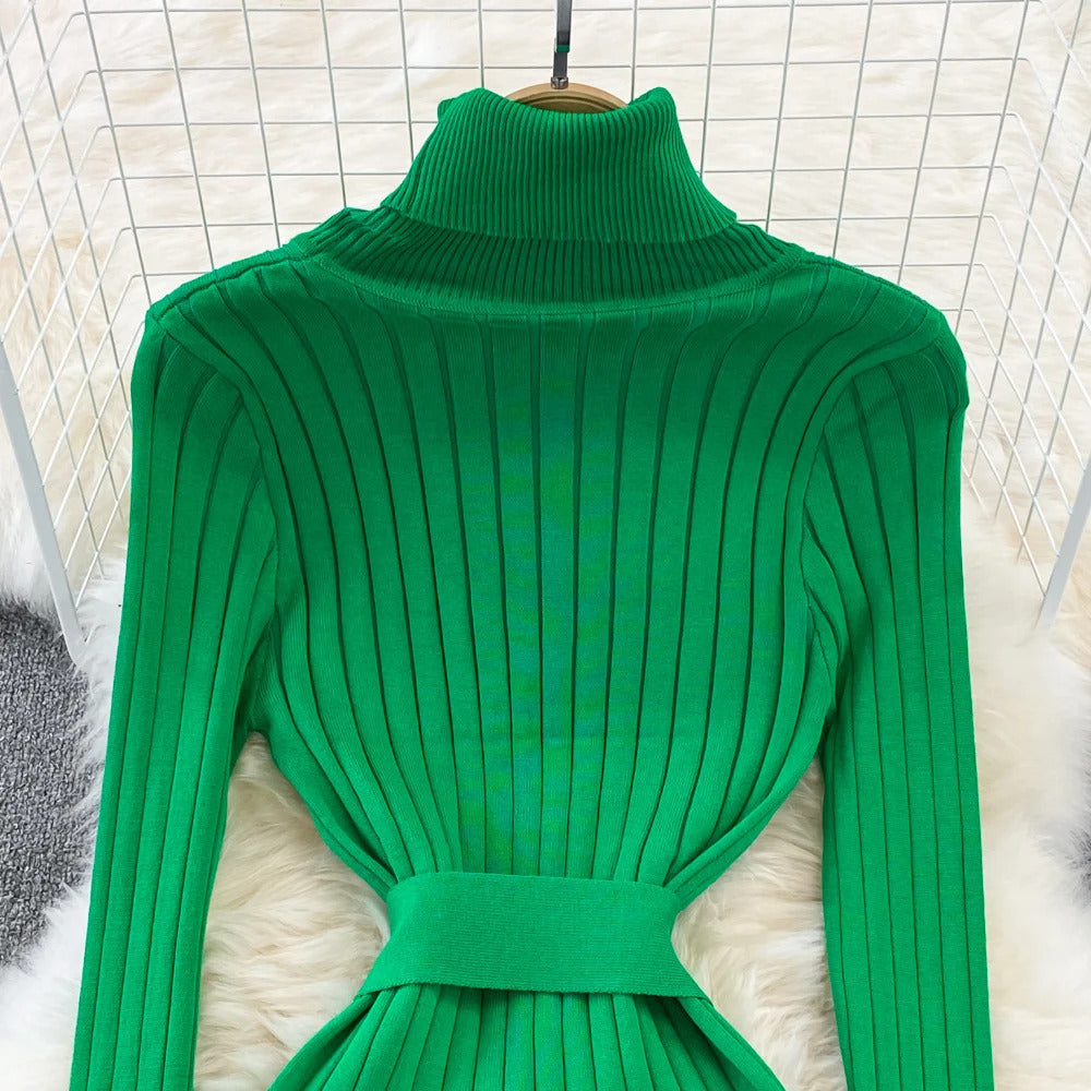 YuooMuoo Ins Hot Turtleneck Sexy Wrap Hips Knitted Dresses Women 2023 Autumn Winter Long Sleeve Bodycon Sweater Dress with Belt