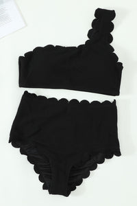 Black Solid Scalloped One-Shoulder Bikini