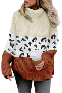 Apricot Turtleneck Splicing Chunky Knit Pullover Sweater