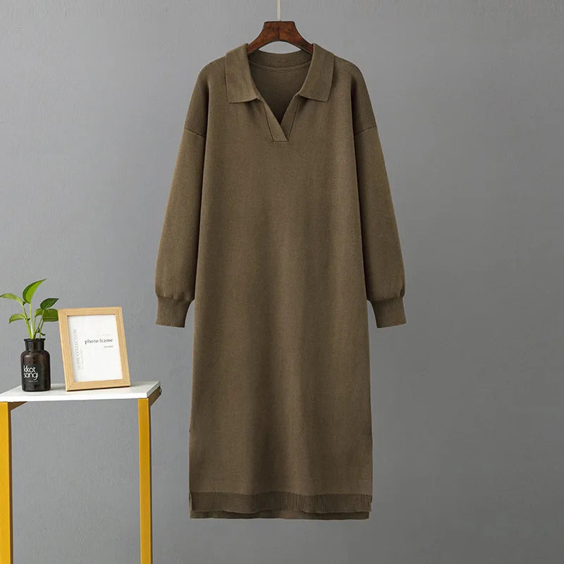 HLBCBG New Straight Autumn Winter Long Sweater Dress Women Split Side Long POLO Neck Maix Sweater Dress Female Basic Loose Dress