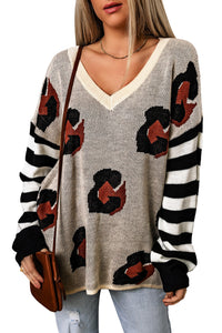 Striped Sleeves Patchwork Leopard Sweater