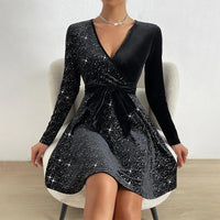 Women's Sexy V-Neck Sequin Glitter Belt Mini Dress Party Dresses Fashion Hot Sale Solid Elegant  Velvet Long Sleeve Dresses