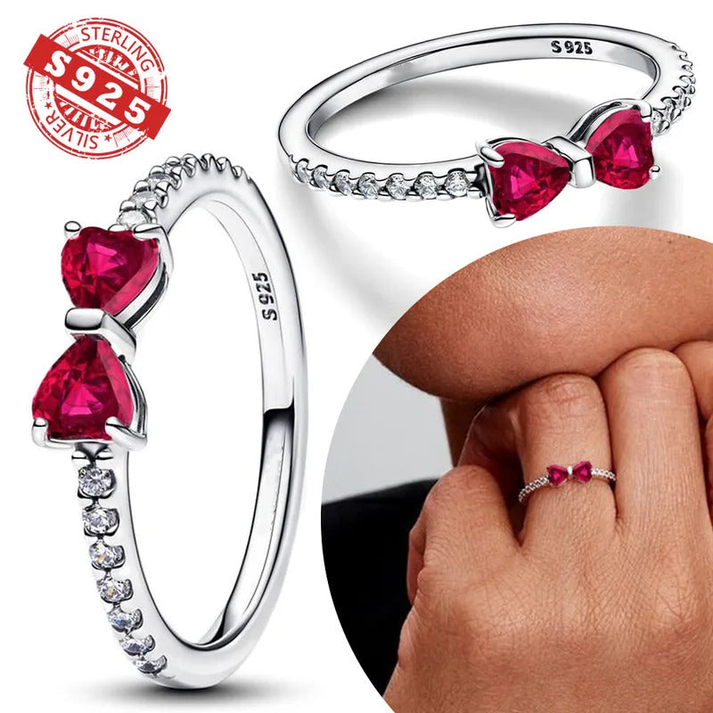 S925 Sterling Silver Valentine's Day Red Series Red Heart Charm Bow Ring Heart Necklace Fit Bracelet DIY for Women Jewelry Gift