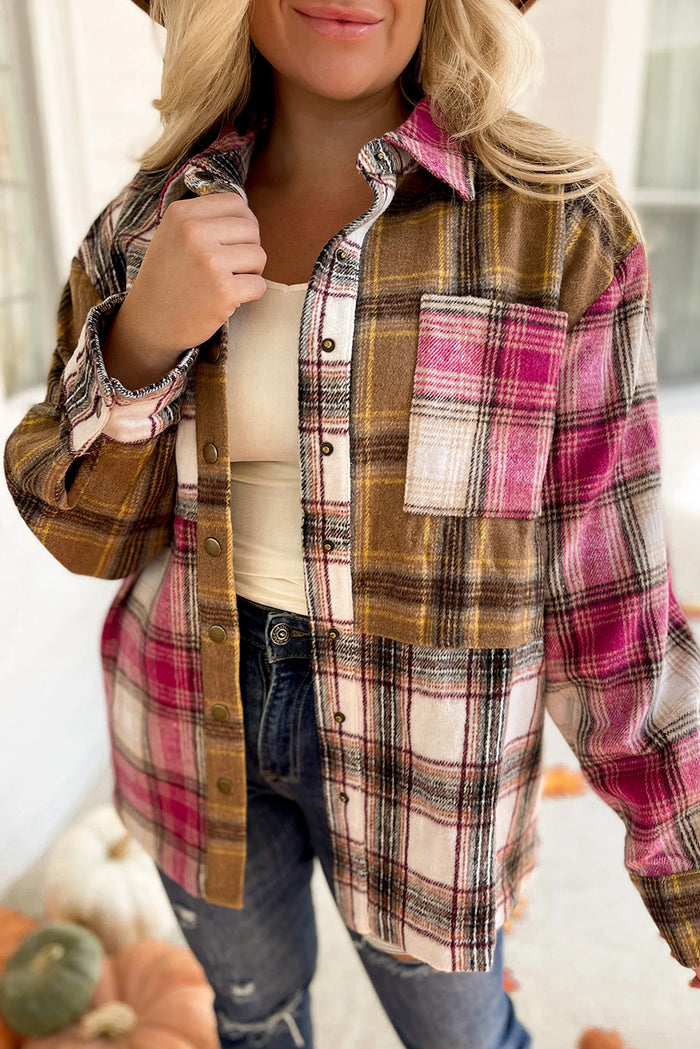 Brown Plaid Print Snap Button Long Sleeve Jackets with Pocket