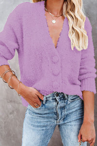 Purple V Neck Buttoned Open Front Sweater