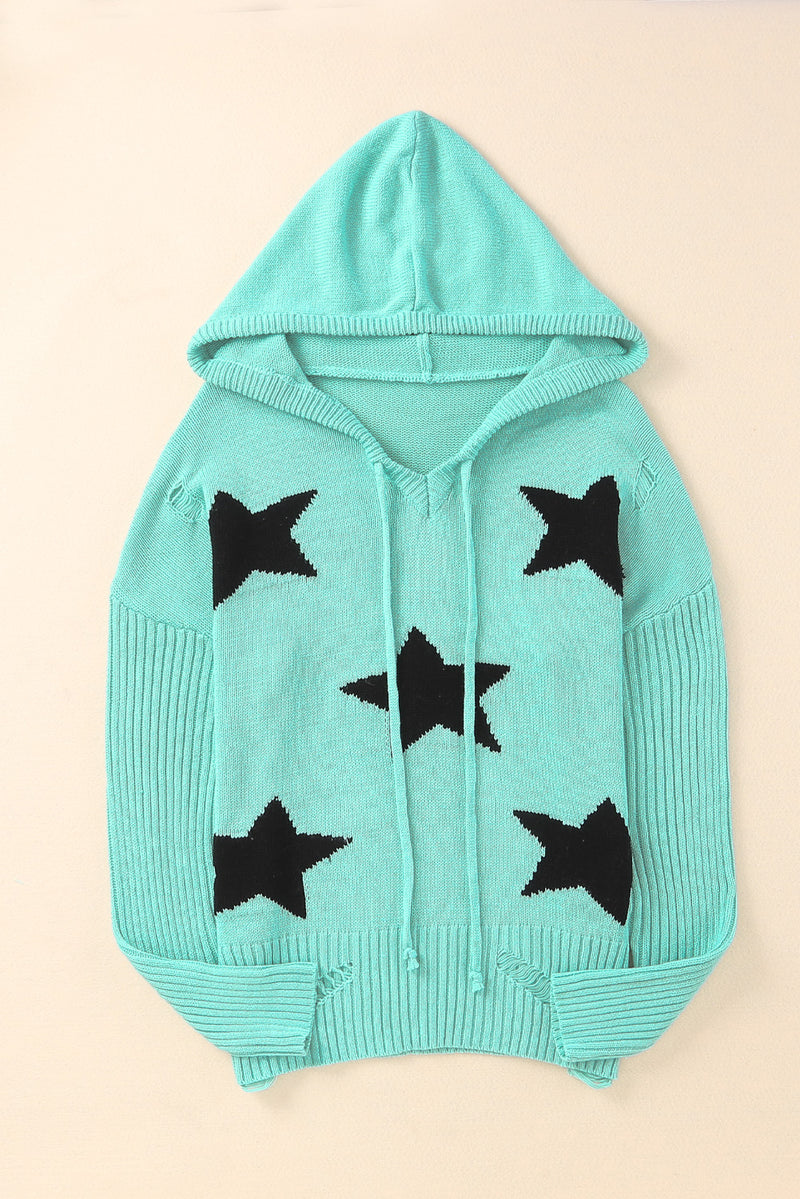 Green V Neck Star Pattern Hooded Sweater with Slits