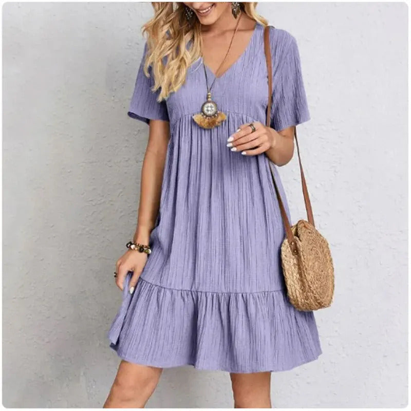 Women Summer Peplum Dresses Spring V-Neck Short Sleeve Loose Waist Ruffle Fit Flare Vocation Dresses