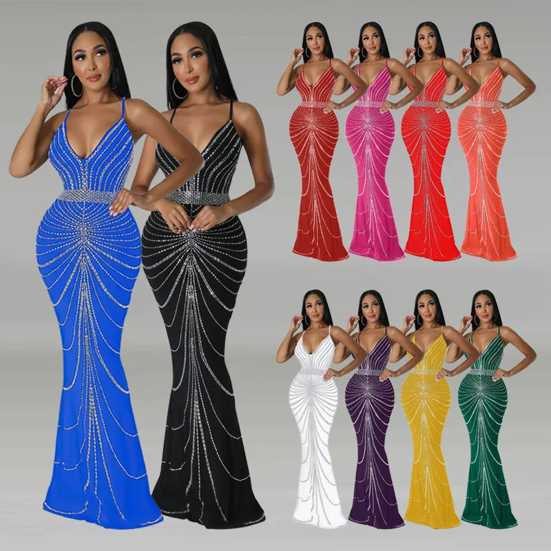 Women's Evening Dress Long Dress Sequin Hot Diamond Party Strap Leaky Back Mermaid Formal Dinner Elegant And Luxurious Dress