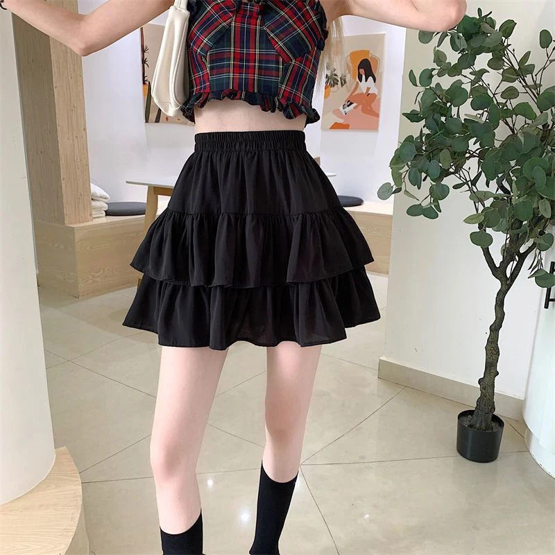 Pleated A-Line Skirt Women White Ruffle Sweet Tierred Pretty Style Skirt Elastic Waist Summer Slim Basic Korean Harajuku Dress