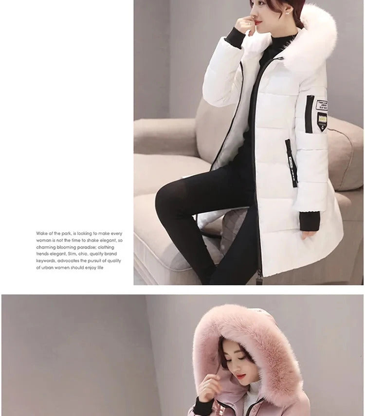 2024 Winter Women Parka Coats Long Cotton Casual Fur Hooded Jackets Thick Warm Slim-fit Jacket Female Overcoat Clothing